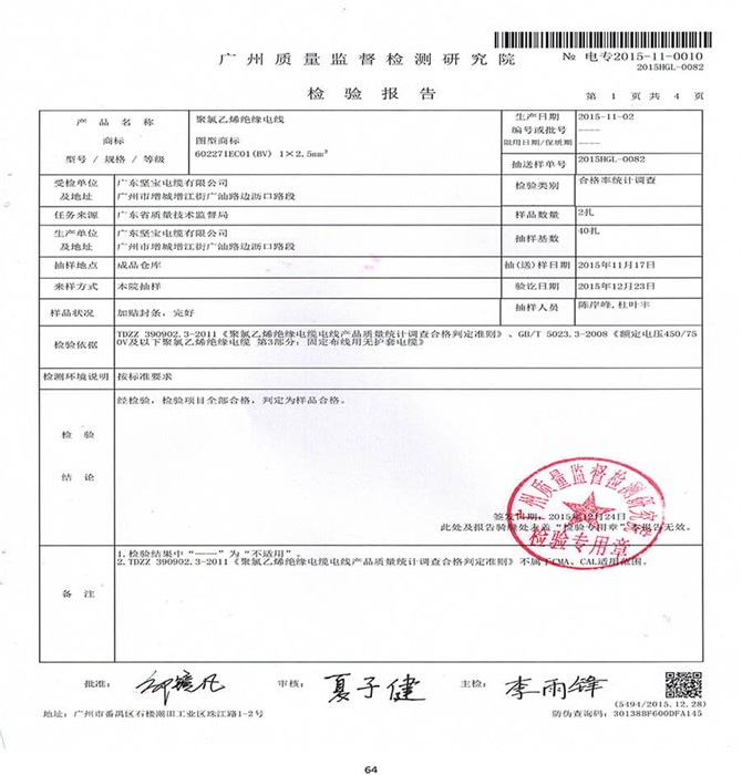 廣州質量監督檢測研究院-檢驗結果